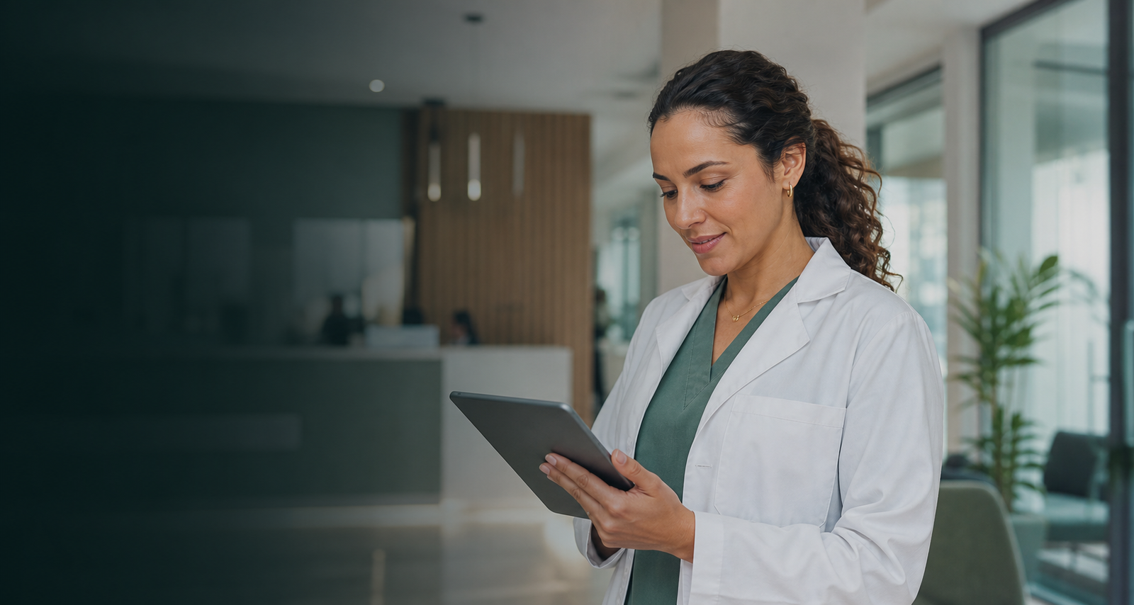 Profissional de saúde utilizando um tablet na clínica